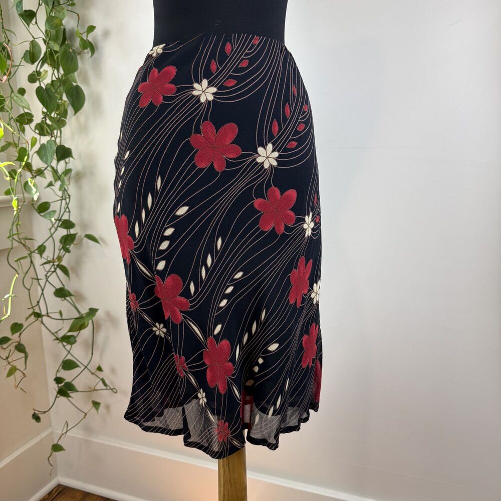 Vintage Y2K Lapis Rayon Slip Skirt Black Abstract Floral Below Knee Length